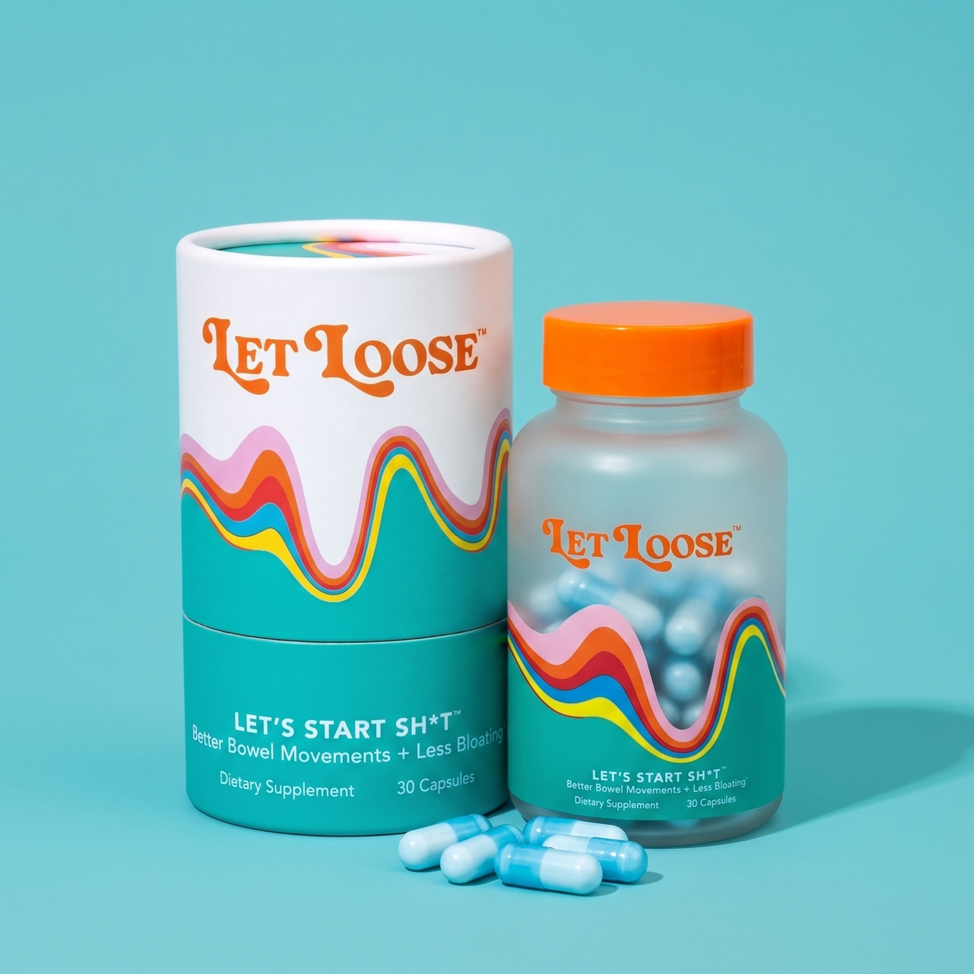 A bottle and cylindrical box of Let Loose dietary supplement capsules on a solid teal background, with several blue-and-white capsules placed in front.
